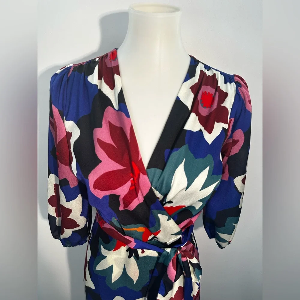 Sam Edelman Matisse Floral Faux Wrap Midi Dress Cobalt Multi 3/4 Sleeve - Picture 6 of 11